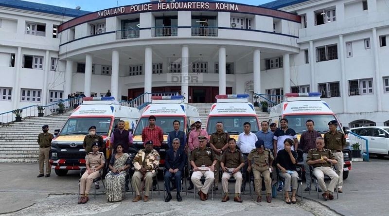 Nagaland Police and NHIDCL officials after the latter handed 4 ambulances to their former at an event held in PHQ Kohima on October 1. (DIPR Photo)